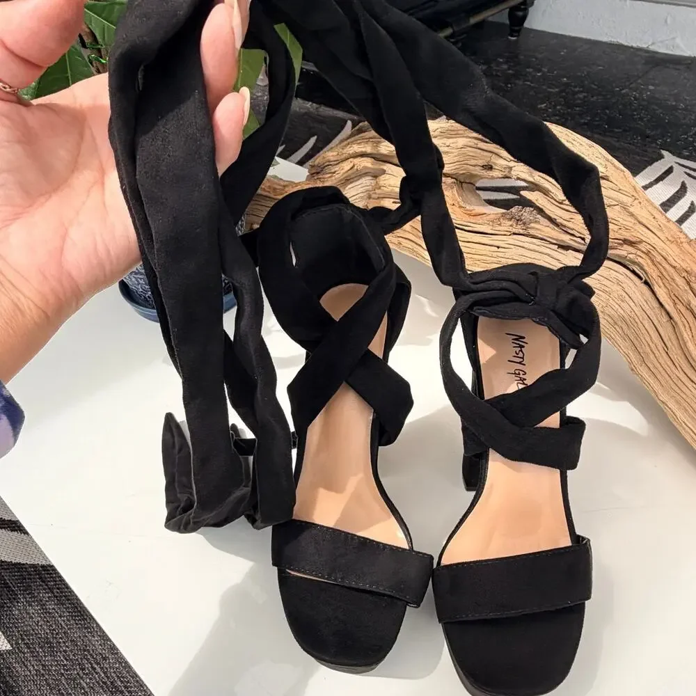 Nasty Gal Shoes | Lace Up Open Toe Platform Heels | Color: Black | Size 38/7.5